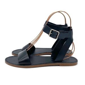 Madewell The Boardwalk Ankle-Strap Flat Sandal in Black Leather Women’s Size 9